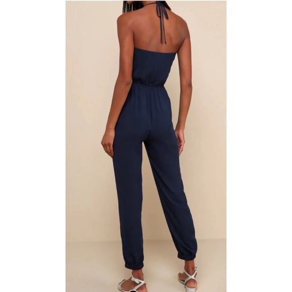 Lulu's Learning to Fly Halter Jumpsuit Womens Large Cinched Waist Backless Blue - Picture 15 of 16